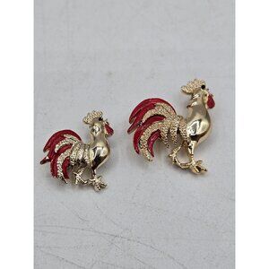 Vintage Gerrys Gold Tone Rooster Brooch Pins Set With Red Enamel Details